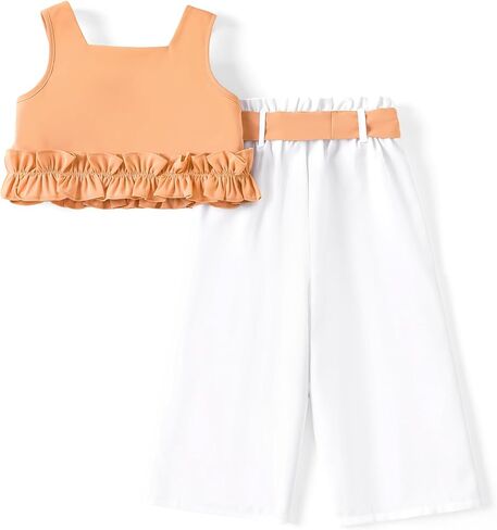 باتبات طفل الفتيات ملابس الصيف 2 قطعة بلا أكمام تانك الأعلى مع مطوي تنحنح و Bowknot بنطال ذو قصة أرجل واسعة الملابس مجموعة in Kuwait