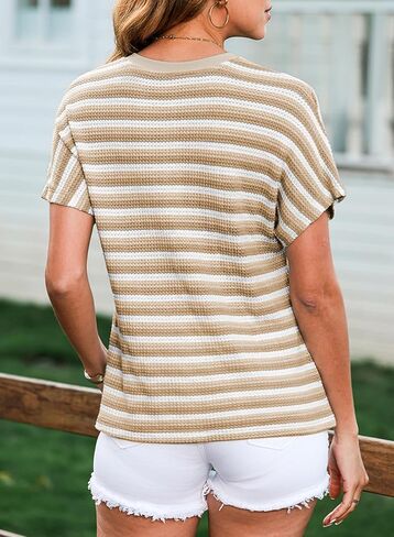 SHEWIN Women's Tops Casual Crewneck Striped Waffle Knit Button Half Placket Short Sleeve T-Shirts Blouses in Kuwait