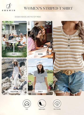 SHEWIN Women's Tops Casual Crewneck Striped Waffle Knit Button Half Placket Short Sleeve T-Shirts Blouses in Kuwait