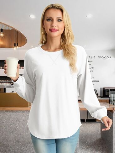 Women Tunic Tops Long Sleeve Shirts Lightweight Crew Neck Pullover Curved Hem Casual Sweatshirts in Saudi Arabia