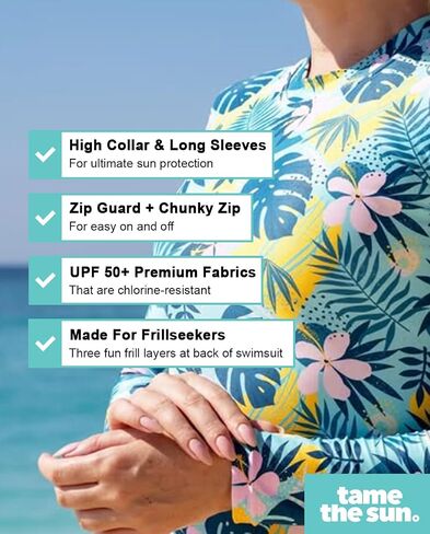 Tame the Sun Long Sleeve Swimsuit for Girls, UPF 50+, Ages 3-12 - Frills, One Piece Rash Guard Girls Bathing Suit in Kuwait