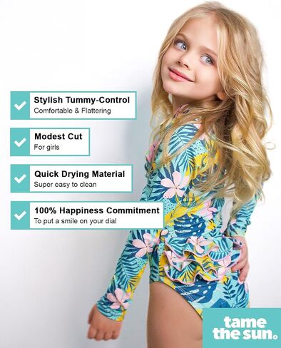 Tame the Sun Long Sleeve Swimsuit for Girls, UPF 50+, Ages 3-12 - Frills, One Piece Rash Guard Girls Bathing Suit in Kuwait