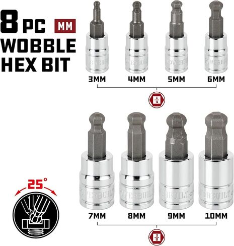 Powerbuilt Hex Bit Socket Set, 8 Piece, 3/8 Inch Drive Metric, Sizes 3-10mm, Ball End Sockets, Storage Rail - 642405, Silver in Saudi Arabia
