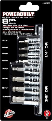 Powerbuilt Hex Bit Socket Set, 8 Piece, 3/8 Inch Drive Metric, Sizes 3-10mm, Ball End Sockets, Storage Rail - 642405, Silver in Saudi Arabia