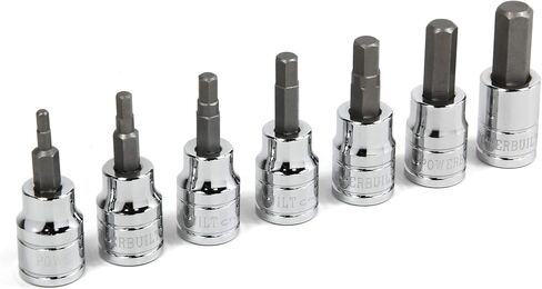 Powerbuilt Hex Bit Socket Set, 8 Piece, 3/8 Inch Drive Metric, Sizes 3-10mm, Ball End Sockets, Storage Rail - 642405, Silver in Saudi Arabia