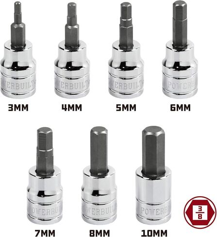Powerbuilt Hex Bit Socket Set, 8 Piece, 3/8 Inch Drive Metric, Sizes 3-10mm, Ball End Sockets, Storage Rail - 642405, Silver in Saudi Arabia