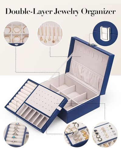 Jewelry Box, 2 Layer Jewelry Boxes for Women Girls Leather Jewelry Organizer with Lock Jewelry Storage Case Removable Velvet Lined Tray Jewelry Boxes for Earring Ring Necklace Bracelets in Saudi Arabia