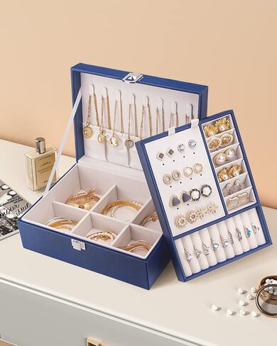 Jewelry Box, 2 Layer Jewelry Boxes for Women Girls Leather Jewelry Organizer with Lock Jewelry Storage Case Removable Velvet Lined Tray Jewelry Boxes for Earring Ring Necklace Bracelets in Saudi Arabia