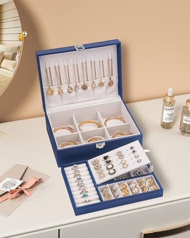 Jewelry Box, 2 Layer Jewelry Boxes for Women Girls Leather Jewelry Organizer with Lock Jewelry Storage Case Removable Velvet Lined Tray Jewelry Boxes for Earring Ring Necklace Bracelets in Saudi Arabia