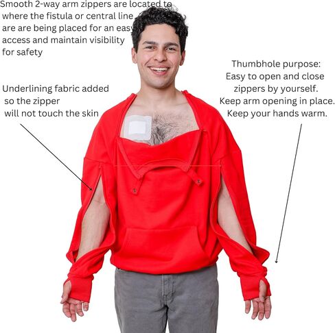 Dialysis Sweatshirts with Dual Zip chest Access Hemodialysis Two Way Arm Zippers to Fistula Port and Line for Men and Women in Saudi Arabia