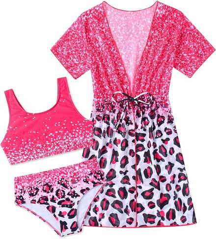 Girls 3 Piece Swimsuit Cute Bikini Bathing Suit Quick Dry Swimwear Sun Protection Cover-Up Sets 5-12 Years in Kuwait