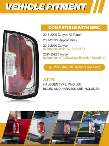 Tail Light Assembly Compatible with GMC Canyon 2015-2022 (Terrain,Denali,Base,SL,SLE,SLT), Halogen Rear Lamp for 84916710 84328813 GM2801273, Red+Clear Lens W/Bulbs, Right Passenger Side in Kuwait