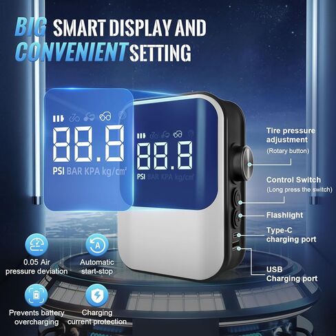 منفاخ إطارات لاسلكي، ضاغط هواء محمول، مضخة هواء مع مقياس رقمي لضغط الإطارات، نفخ سريع لاسلكي لإطارات السيارات، الدراجات النارية، الدراجة، مضخة الدراجة الكهربائية، الكرة in Kuwait