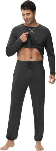 WiWi Mens Pajama Set Drawstring Jogger with Pocket Long Sleeve Sleepwear Loungewear Viscose from Bamboo S-XXL in Kuwait