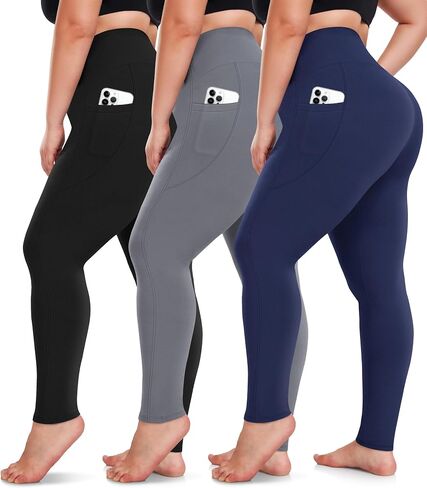 NEW YOUNG 3 Pack Plus Size Leggings with Pockets for Women,High Waist Tummy Control Workout Yoga Pants in Kuwait