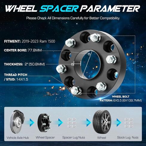 ILONPA 4pcs 6x5.5 2-inch Hubcentric Wheel Spacers with M14x1.5 Studs, 77.8mm Bore for 2019 2020 2021 2022 2023 Ram 1500, 50.8mm Thickness 6x139.7mm fits 6 Lugs Tire Wheel Adapters in Saudi Arabia