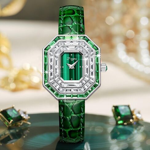 T-ENGINE Wrist Women Watch with Green Zirconia, Sapphire Glass Face, Women's Watch Genuine Leather Strap in Kuwait
