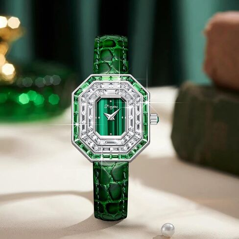 T-ENGINE Wrist Women Watch with Green Zirconia, Sapphire Glass Face, Women's Watch Genuine Leather Strap in Kuwait