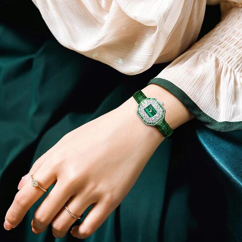 T-ENGINE Wrist Women Watch with Green Zirconia, Sapphire Glass Face, Women's Watch Genuine Leather Strap in Kuwait