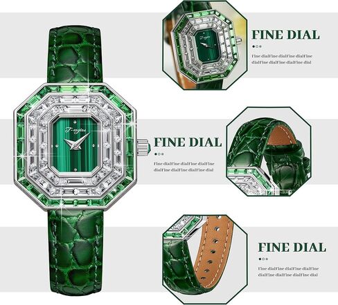 T-ENGINE Wrist Women Watch with Green Zirconia, Sapphire Glass Face, Women's Watch Genuine Leather Strap in Kuwait
