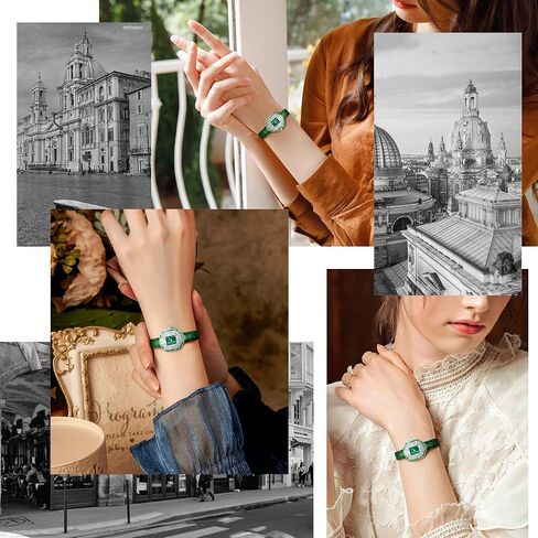 T-ENGINE Wrist Women Watch with Green Zirconia, Sapphire Glass Face, Women's Watch Genuine Leather Strap in Kuwait