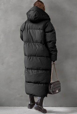 Shanfetl Women Long Quilted Coat Hooded Maxi Length Long Sleeve Puffer Jacket Padded Coat Winter Outerwear in Kuwait