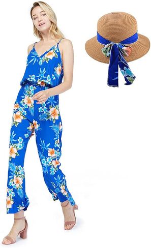 Women's Hawaiian Strap V with Pockets Jumpsuit in Hibiscus Blue in Kuwait