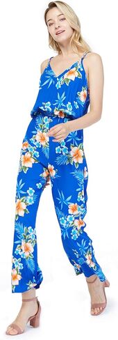 Women's Hawaiian Strap V with Pockets Jumpsuit in Hibiscus Blue in Kuwait