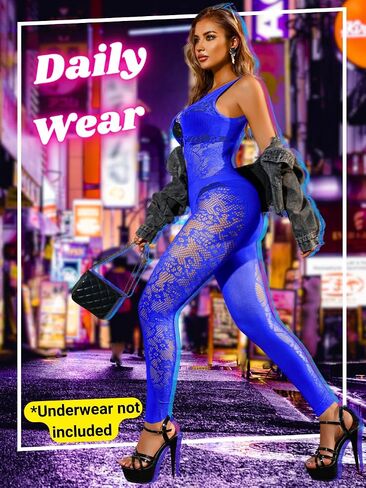 Womens Sexy Fishnet Jumpsuit, Rave Club Outfits, Fits 0-12, Exotic Dancewear Lace Wear Dancer Festival Glow Mesh in Saudi Arabia