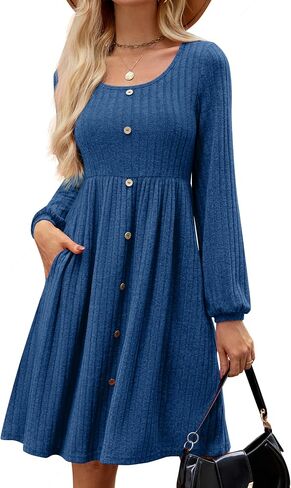 JUSTFASHIONNOW Womens Knit Dress Long Sleeve Knee Length Dresses Button Fall Dress with Pockets Trendy 2024-Navy Blue-M in Saudi Arabia