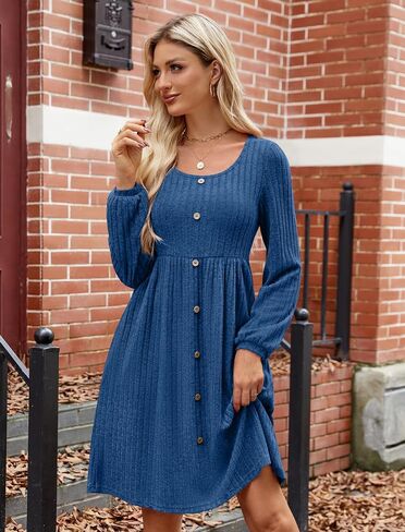 JUSTFASHIONNOW Womens Knit Dress Long Sleeve Knee Length Dresses Button Fall Dress with Pockets Trendy 2024-Navy Blue-M in Saudi Arabia