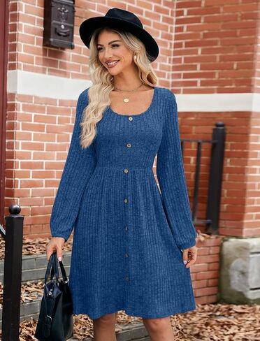 JUSTFASHIONNOW Womens Knit Dress Long Sleeve Knee Length Dresses Button Fall Dress with Pockets Trendy 2024-Navy Blue-M in Saudi Arabia