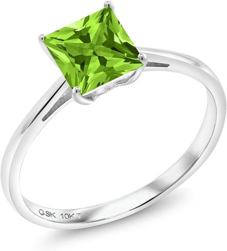 Gem Stone King 10K White Gold Green Peridot Engagement Ring For Women | 1.03 Ct Princess Cut | Gemstone Birthstone | Available in size 5, 6, 7, 8, 9 in Saudi Arabia