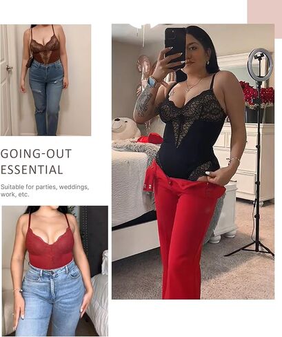 FeelinGirl Lace Bodysuit for Women Tummy Control Body Suits V Neck Corset Shapewear Thong Slimming Body Shaper in Kuwait
