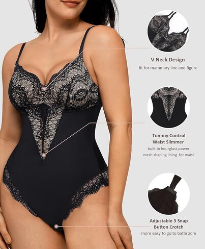 FeelinGirl Lace Bodysuit for Women Tummy Control Body Suits V Neck Corset Shapewear Thong Slimming Body Shaper in Kuwait