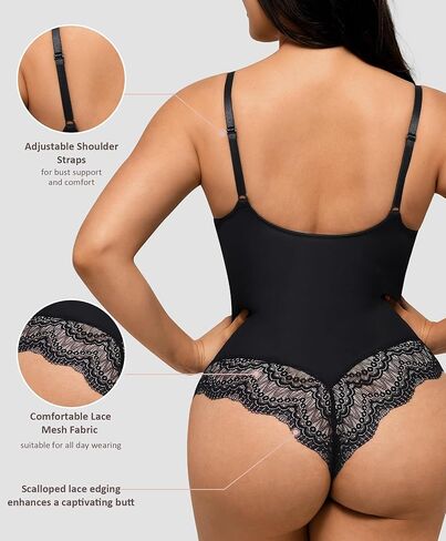 FeelinGirl Lace Bodysuit for Women Tummy Control Body Suits V Neck Corset Shapewear Thong Slimming Body Shaper in Kuwait