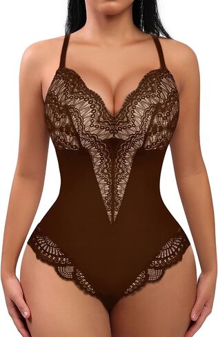 FeelinGirl Lace Bodysuit for Women Tummy Control Body Suits V Neck Corset Shapewear Thong Slimming Body Shaper in Kuwait