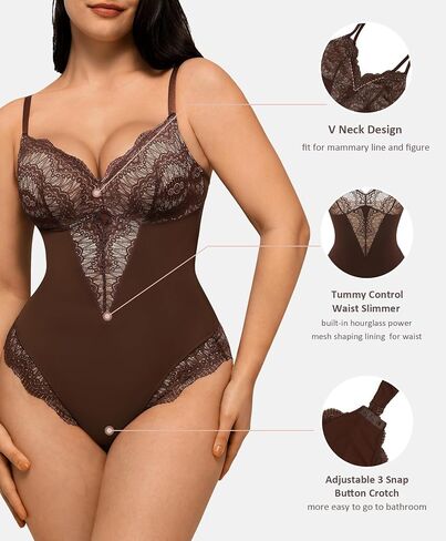 FeelinGirl Lace Bodysuit for Women Tummy Control Body Suits V Neck Corset Shapewear Thong Slimming Body Shaper in Kuwait