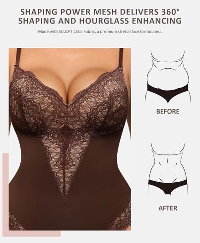 FeelinGirl Lace Bodysuit for Women Tummy Control Body Suits V Neck Corset Shapewear Thong Slimming Body Shaper in Kuwait