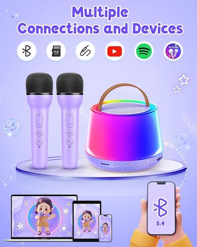 آلة كاريوكي صغيرة للأطفال، مكبر صوت بلوتوث محمول مع 2 ميكروفونات لاسلكية وإضاءة LED، هدايا عيد ميلاد للفتيات بعمر 4 5 6 7 8 9 10 11 12 عامًا، ألعاب آلة كاريوكي للأطفال، وردي in Saudi Arabia