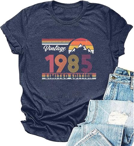 قمصان عيد الميلاد الأربعين للنساء خمر 1984 جرافيك تي شيرت حفلة عيد ميلاد هدية رسالة طباعة تي شيرتات قصيرة الاكمام in Kuwait