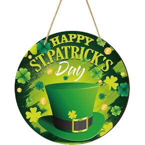 St. Patrick's Day Front Door Sign Happy St. Patrick's Day Wooden Hanging Welcome Sign Shamrock Hat Green Door Decor Round St. Patrick's Day Decoration for Irish Home Farmhouse Wall Decor, 12 x 12 Inch
