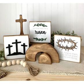 2024 Empty Tomb Easter Tiered Tray Decor, 7Pcs Easter Resurrection Scene Cross Decor Set, He is not here Sculpture Wooden Jesus Sign Spring Tray Bundle Kit for Home Easter Day Farmhouse Decoration