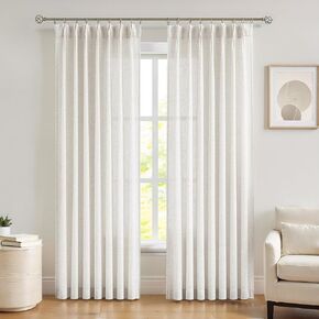 Central Park Pinch Pleat Slub Yarn Sheer Curtains 108 Inches Extra Long Crude Linen Blend Window Drape Farmhouse Rustic Treatment Set for Living Room Bedroom, 40"x108"x2, Natural