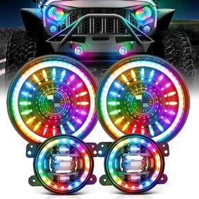 MICTUNING J1 RGB+IC 7-inch LED Headlights with Fog Lights, Multi-Color Chasing App Control Compatible with 1997-2018 Jeep Wrangler TJ JK Chevy Ford GMC, DOT Approved, Anti-Glare 1000% Brighter