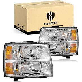 [OE Style Anti-Yellowing Headlights for 2007-2013 Chevy Silverado 1500, 07 08 09 10 11 12 13 14 Silverado 2500HD 3500 Headlight Assemblies Chrome Housing Amber Reflector Left+Right Side