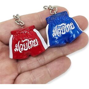 Tiny 1¼" Red and Blue Muay Thai Boxing Pant Keyring 2 Pieces Set Small 3D Resin Muaythai Sports Shorts Pants Keychain Thailand Self Defense Martial Art Handmade Collectible Travelling Souvenirs Gifts