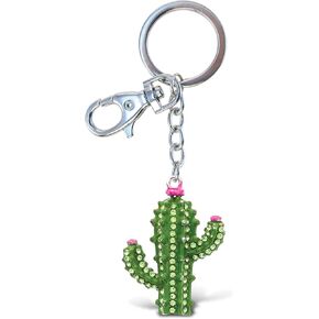 Aqua79 Cactus Keychain - Silver 3D Sparkling Charm Rhinestones Fashionable Stylish Metal Alloy Durable Key Ring Bling Crystal Jewelry Accessory with Clasp