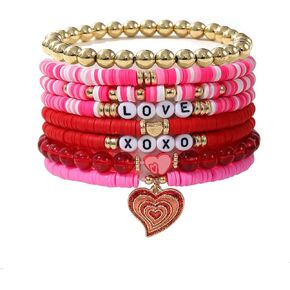 Bohemia Polymer Clay Pink Red Love Heart Stackable Bracelets Set Colorful Multilayer Heishi Surfer Heart Beaded Stretch Bracelets for Women Summer Beach Holiday Valentine's Day Jewelry Gifts