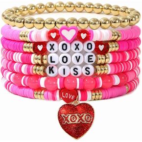 Bohemia Polymer Clay Pink Red Love Heart Stackable Bracelets Set Colorful Multilayer Heishi Surfer Heart Beaded Stretch Bracelets for Women Summer Beach Holiday Valentine's Day Jewelry Gifts in Kuwait